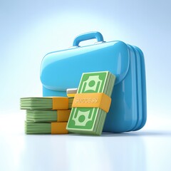 Blue Briefcase, Stacks of Cash, Success Concept:  Modern, Clean, 3D Render, Financial Achievement, Business Growth, Wealth, Prosperity, Positive, Optimistic.