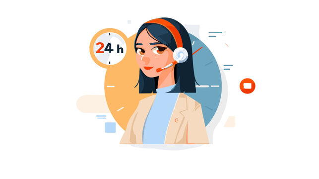 Customer service representative wearing headset with 24-hour clock  