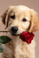 Cute Golden Retriever Puppy Holding Red Rose on Light Pink Background