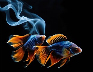 Fototapeta premium Two vibrant fish swim gracefully amidst ethereal blue smoke against a black backdrop.
