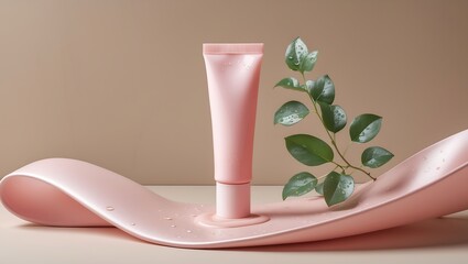 Elegant pink cosmetic tube with green leaves on a flowing pink silk fabric