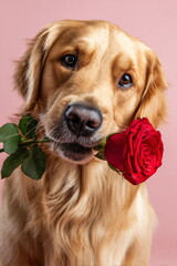 Cute Golden Retriever Puppy Holding Red Rose on Light Pink Background