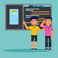 Friendly Greetings: Two friendly male figures, explain the code, their faces lit with genuine warmth and approachability, wave in a welcoming gesture.