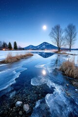 Winter lake at night
