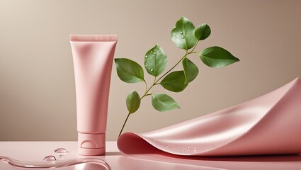 Elegant pink cosmetic tube with green leaves and flowing silk fabric