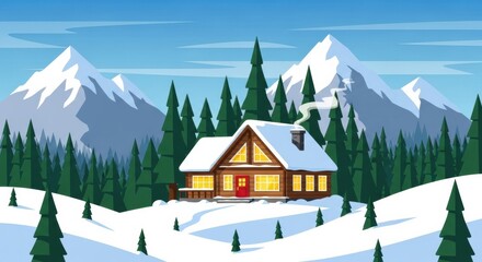 Fototapeta premium Enchanting winter cabin nestled within a serene snowy landscape surrounded by majestic mountains