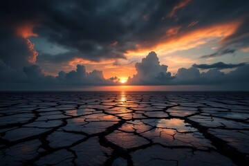 Cracked earth landscape reflects dramatic sunset sky over calm ocean desert