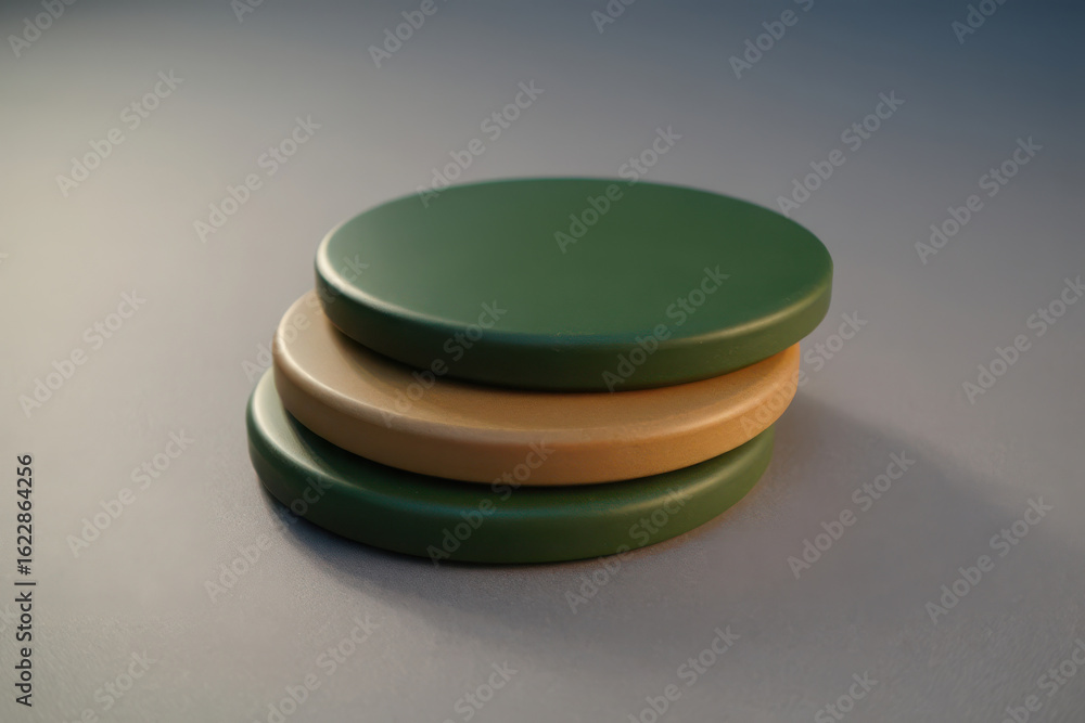 Poster stack of three geometric circles in green and beige, a minimalist composition with soft lighting and