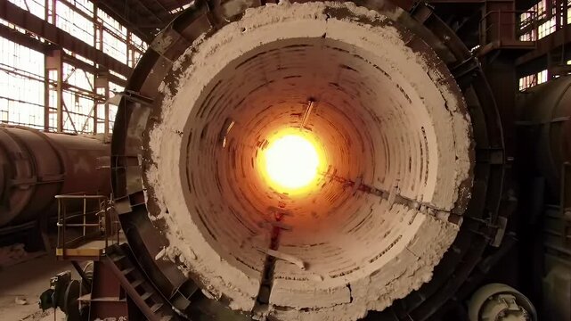 Rotary kiln with intense flame inside during clinker processing
