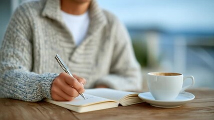 A remote worker jotting down notes by hand beside a coffee cup on a wooden desk near a window.