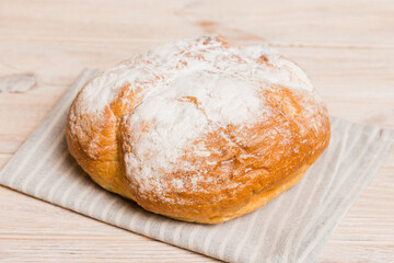 Fresh homemade crisp bread on napkin, top view. Healthy unleavened bread. French bread. Top view Bakery products