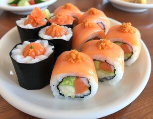 Sushi rolls salmon maki delicious japanese food cuisine restaurant culinary art dish