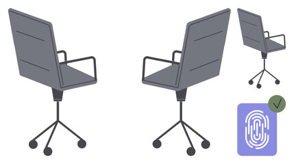 Fototapeta premium Three modern office chairs on wheels paired with a fingerprint authentication icon. Ideal for security, workplace systems, technology, access control, office design, innovation, simple flat metaphor