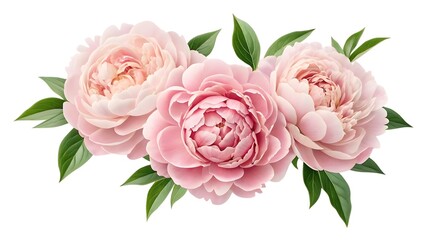 Delicate pink peony flowers with green leaves isolated on white background