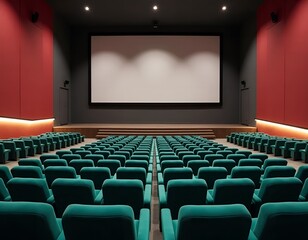 Empty cinema auditorium with rows of green velvet seats facing a large blank screen
