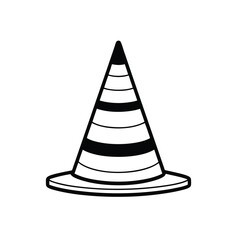 Black and White Line Drawing of Traffic Cone with Horizontal Stripes on Circular Base Representing Road Safety, Construction Zones, and Directional Guidance