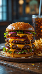Deluxe Triple-Decker Cheeseburger with Lettuce, Tomato, and Onion Served with Fries