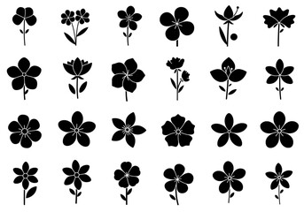 Collection of black wildflower icons – Minimalist black vector flower silhouettes – Set of floral icons