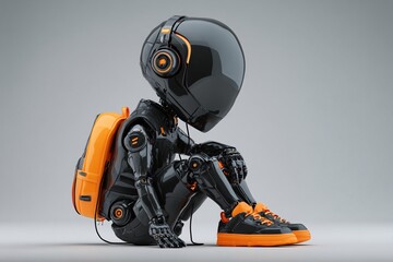 Robot student with backpack and headphones sits thoughtfully on floor.