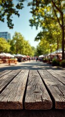 Wooden table top in park setting