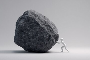 Figure pushing a large rock, symbolizing effort, challenge, and determination.