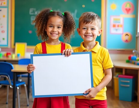 Two happy diverse elementary school children holding a blank whiteboard in a classroom