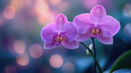 Close-up of two elegant Phalaenopsis orchid flowers blooming against a soft, colorful bokeh background. A concept for beauty, spa, wellness, tranquility, and nature.
