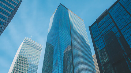 Obraz premium Low angle view of modern glass skyscrapers against a clear blue sky building architecture