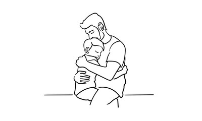 Continious line happy father hugs his son on white background. Parents with baby outline. Line art drawing. Vector illustration