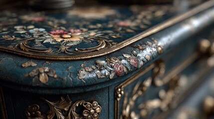 Exquisite close-up capturing a vintage table adorned with delicate floral art
