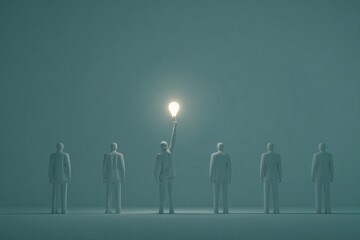 Person with light bulb stands out among a row of people concept.