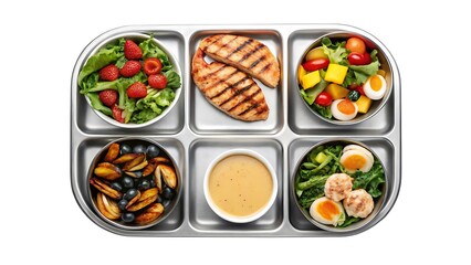 Healthy meal prep tray with grilled chicken and fresh salads