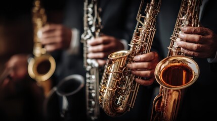 Close-up of professional musicians holding shiny saxophones in dark ambiance