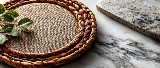 Woven round placemat on marble