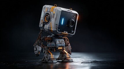 Detailed robot character stands with a boxy head and intricate design.