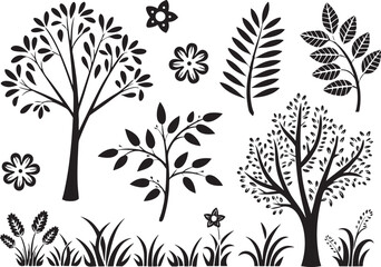 Silhouette Tree and Plant Icons on White Background  Vector Set