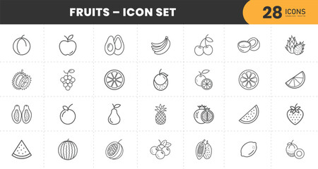  Fruits Icon Set – 28 Minimal Line Icons Featuring Tropical, Citrus, and Exotic Fruits Including Apple, Banana, Orange, Mango, Strawberry, Avocado, Grapes – Vector Illustrations for Food and Health