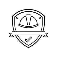 Black and White Vector Emblem Featuring Shield, Hard Hat Icon, Banner, and Checkmark Symbol Representing Construction Safety and Certified Protection