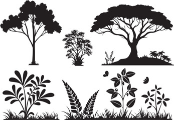 Obraz premium Silhouette Tree and Plant Icons on White Background Vector Set