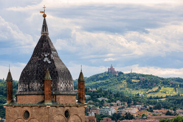 Aerial view of Sanctuary of the Madonna di San Luca in Bologna, Italy.