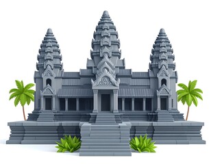 3d cartoon angkor wat temple with central lotus towers, gray stone texture.