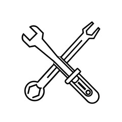 Minimalist Black and White Line Drawing of Crossed Wrench and Screwdriver Representing Repair, Maintenance, and DIY Tools
