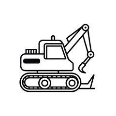 Black and White Line Drawing of Excavator with Tracked Base and Articulated Arm Depicting Heavy Machinery for Digging and Earthmoving Tasks