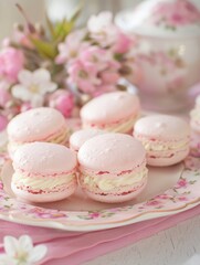 Soft, diffused light illuminates perfectly shaped pink macarons filled with a delightful beet and lemon cream, served on a soft pink plate, creating a visual symphony of pastel hues