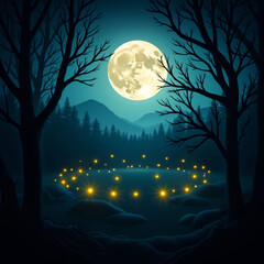 Fototapeta premium A mysterious night forest landscape with burning yellow fireflies forming a circle under the silhouettes of trees, with a full moon shining a soft light on the blue night sky, forest and hills on the 