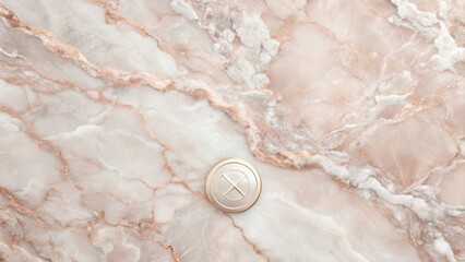 A luxurious, minimalist design featuring a metallic disc on a veined stone surface.