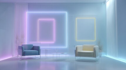Modern interior with neon square lights, blue and yellow armchairs, and glass tables in a studio room