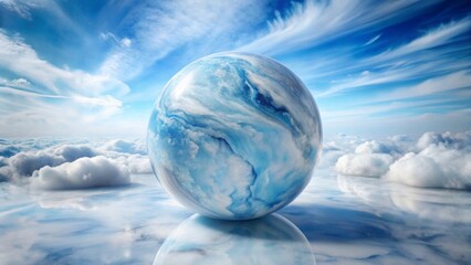 A celestial sphere of swirling blues and whites rests serenely above a boundless expanse of fluffy clouds reflecting the ethereal beauty of the heavens