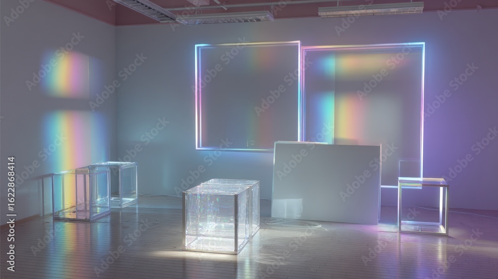 Poster interior scene with square frames and rainbow light reflections creating a serene and ethereal ambia
