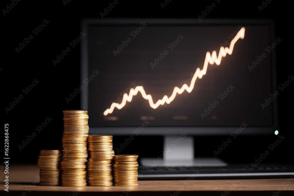 Poster golden coin stacks with a rising graph on a computer monitor